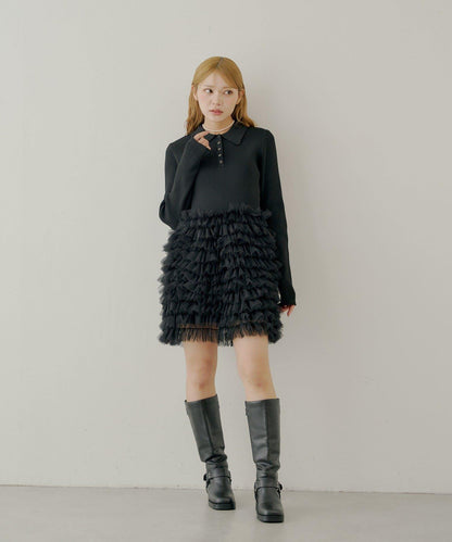 【SALON by Chico】荷葉邊層疊翻領迷你連衣裙