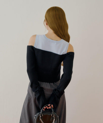 【Chico】針織一字肩拼接針織衫