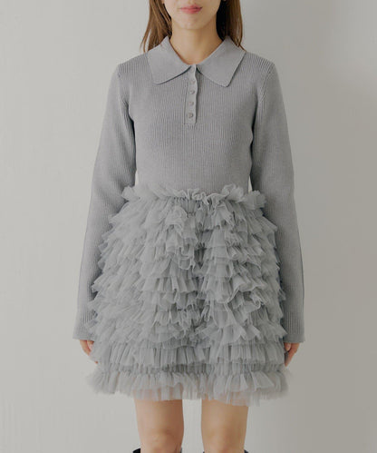 【SALON by Chico】荷葉邊層疊翻領迷你連衣裙