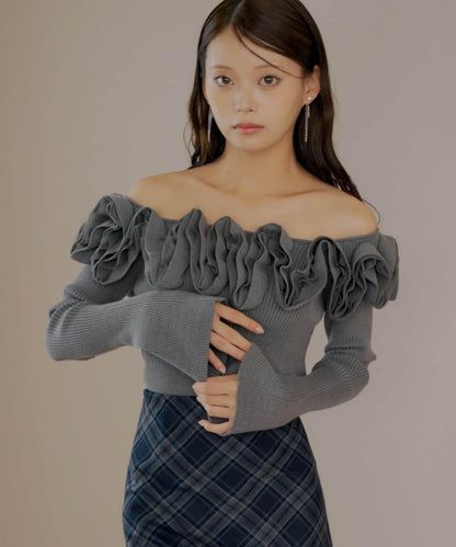 【SALON by Chico】2way荷葉邊設計一字領針織衫