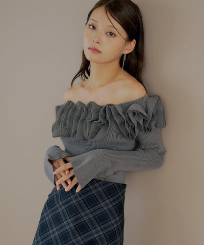 【SALON by Chico】2way荷葉邊設計一字領針織衫