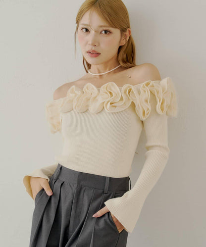 【SALON by Chico】2way荷葉邊設計一字領針織衫