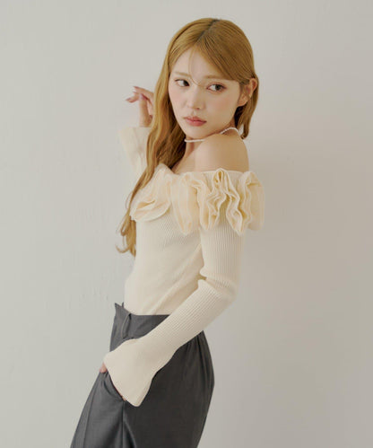 【SALON by Chico】2way荷葉邊設計一字領針織衫