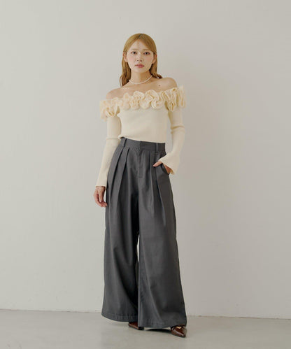 【SALON by Chico】2way荷葉邊設計一字領針織衫