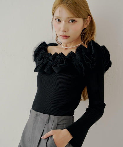 【SALON by Chico】2way荷葉邊設計一字領針織衫