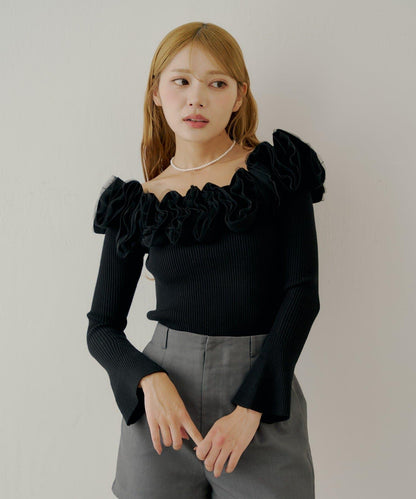 【SALON by Chico】2way荷葉邊設計一字領針織衫