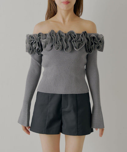 【SALON by Chico】2way荷葉邊設計一字領針織衫