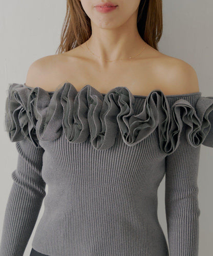 【SALON by Chico】2way荷葉邊設計一字領針織衫