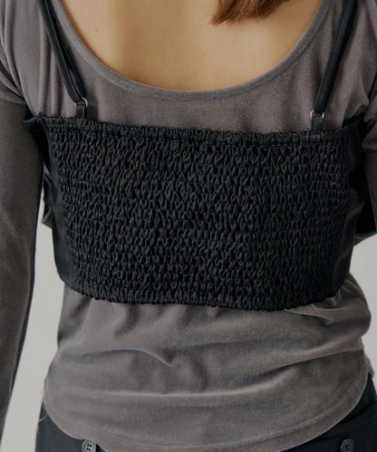 【Chico】荷葉邊吊帶+天鵝絨上衣套裝