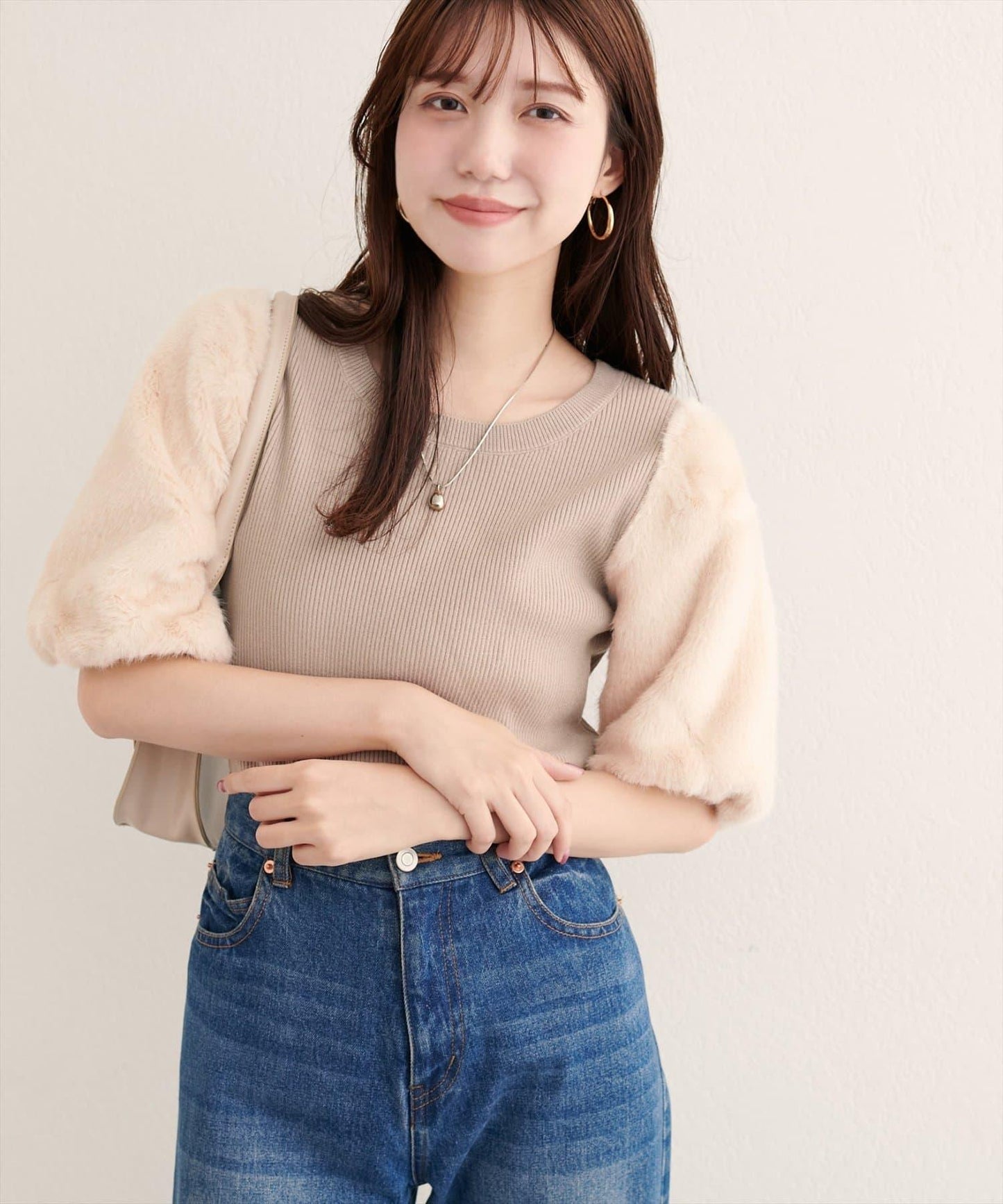 拼接毛絨袖口羅紋針織套頭衫