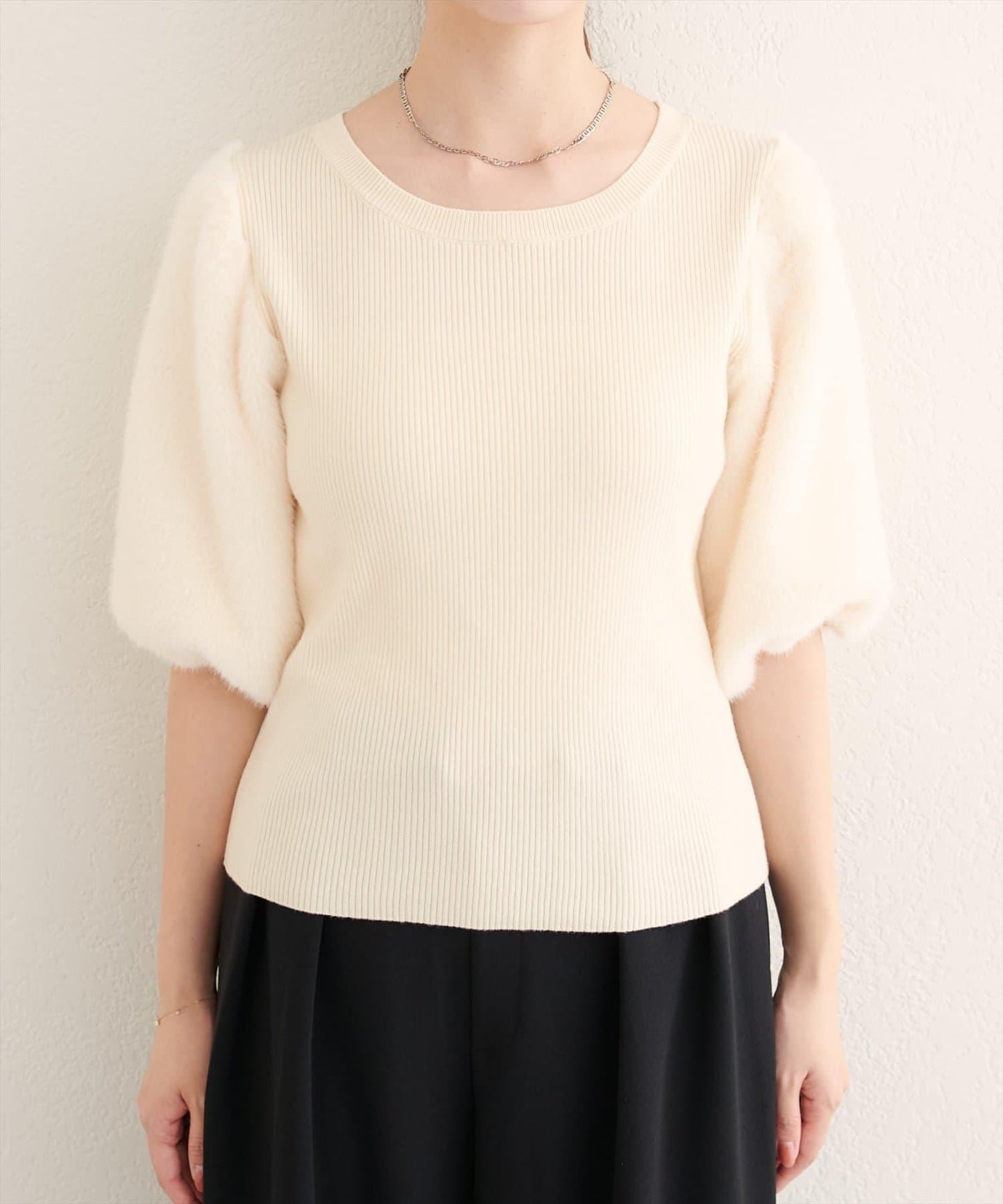 拼接毛絨袖口羅紋針織套頭衫