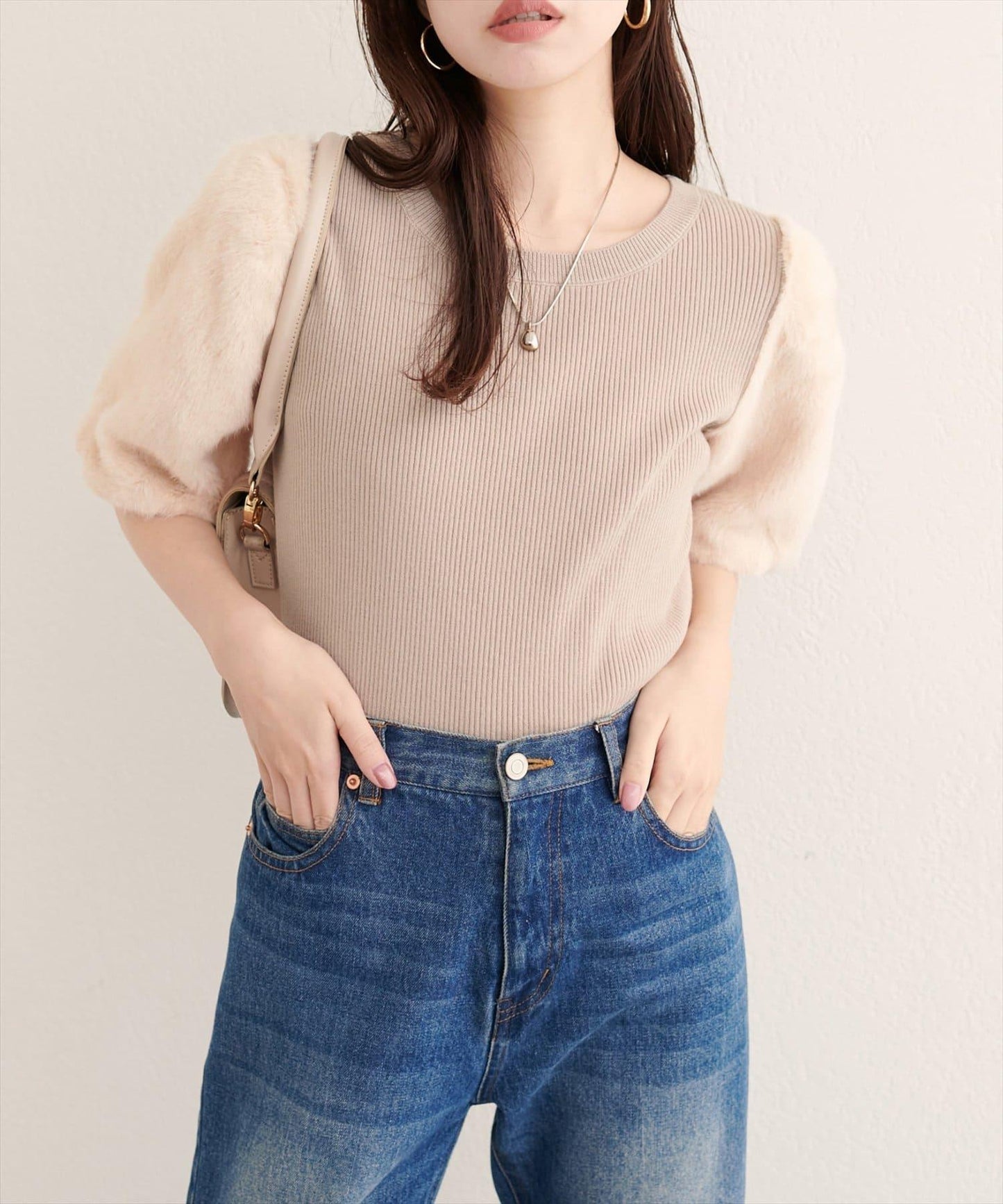 拼接毛絨袖口羅紋針織套頭衫