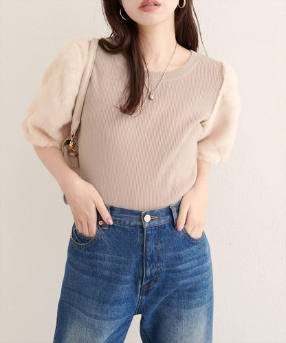 拼接毛絨袖口羅紋針織套頭衫
