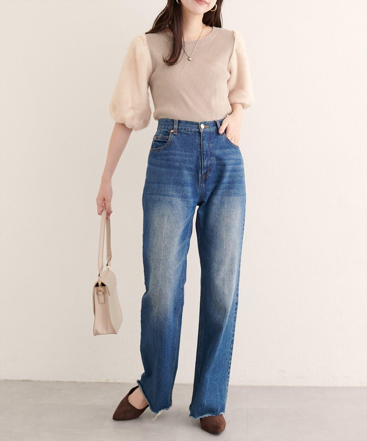 拼接毛絨袖口羅紋針織套頭衫