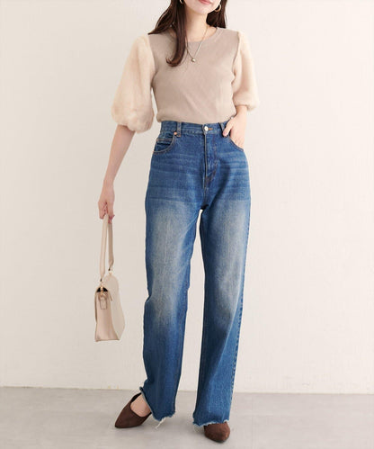 拼接毛絨袖口羅紋針織套頭衫