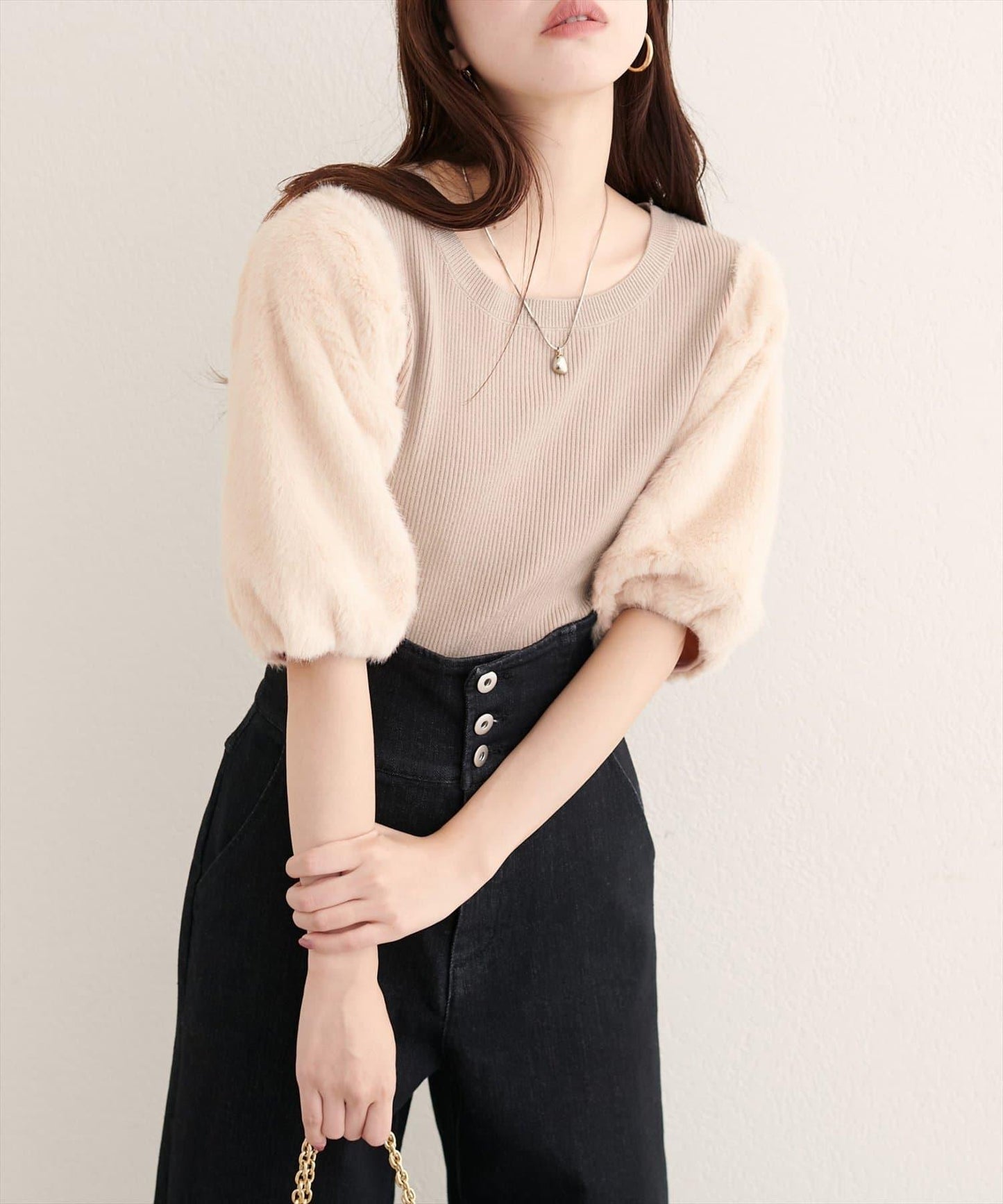 拼接毛絨袖口羅紋針織套頭衫