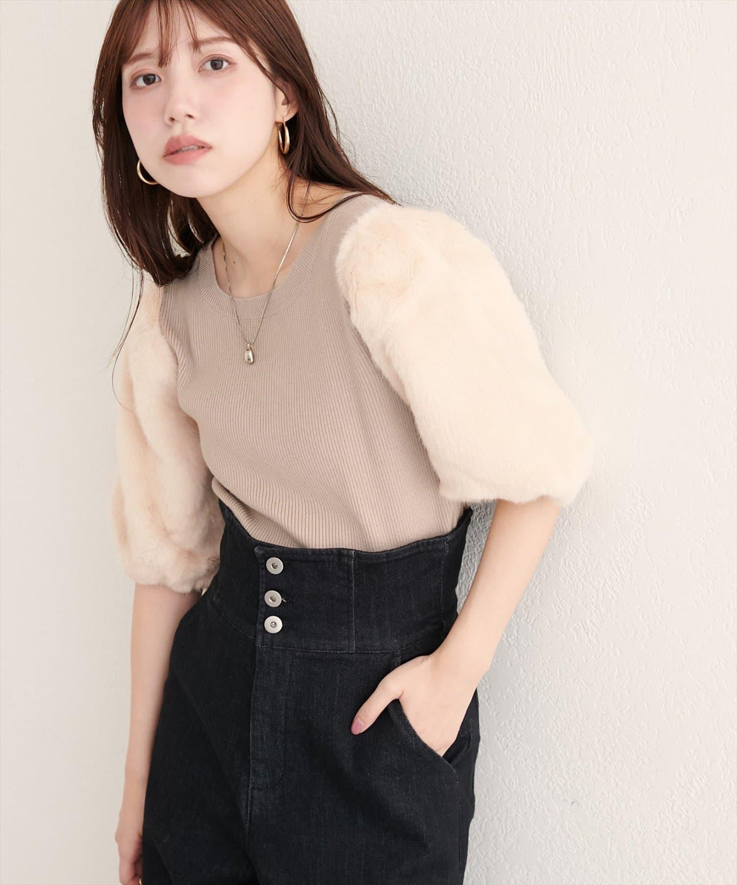 拼接毛絨袖口羅紋針織套頭衫