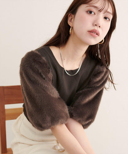 拼接毛絨袖口羅紋針織套頭衫
