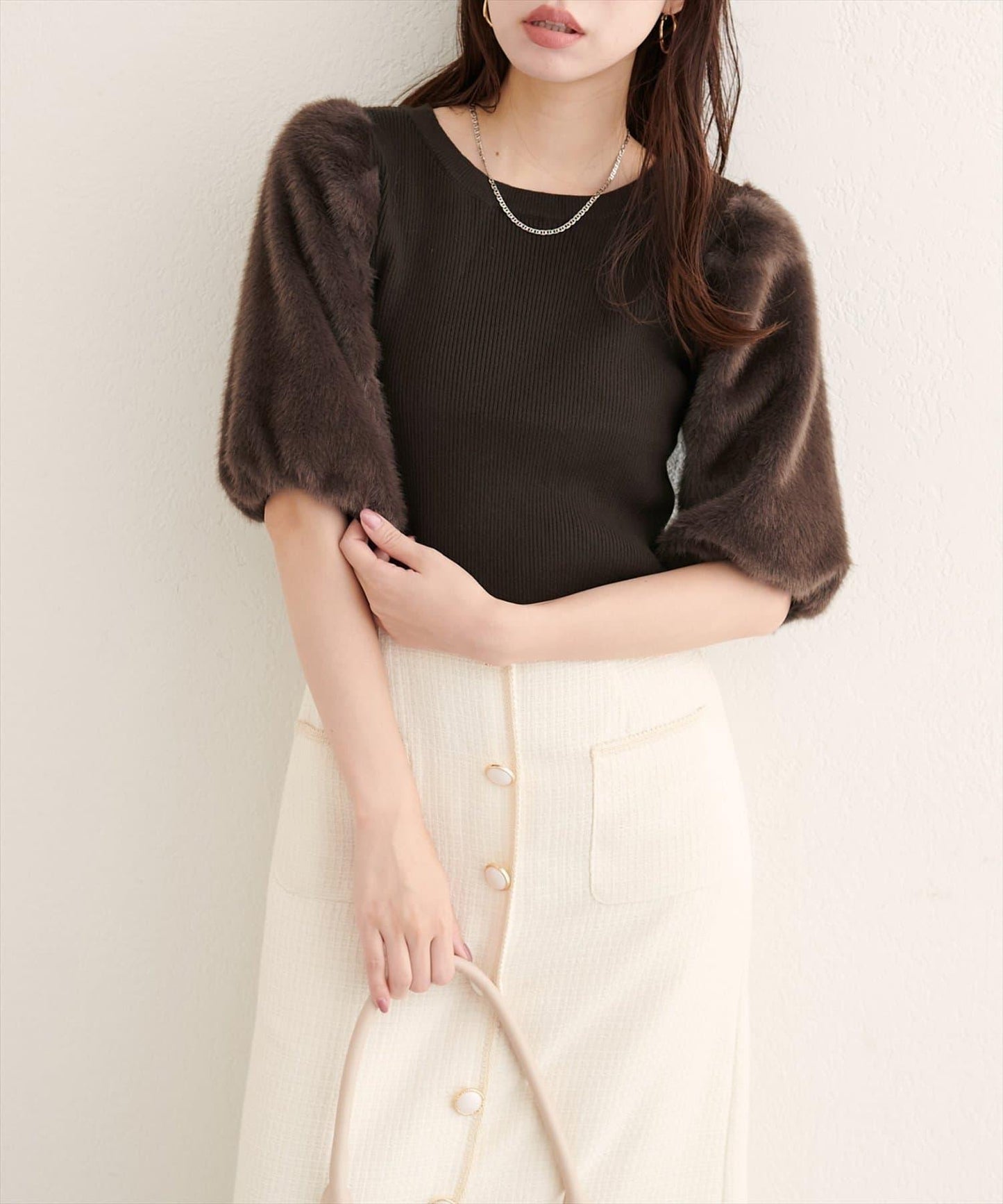 拼接毛絨袖口羅紋針織套頭衫