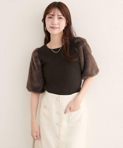 拼接毛絨袖口羅紋針織套頭衫