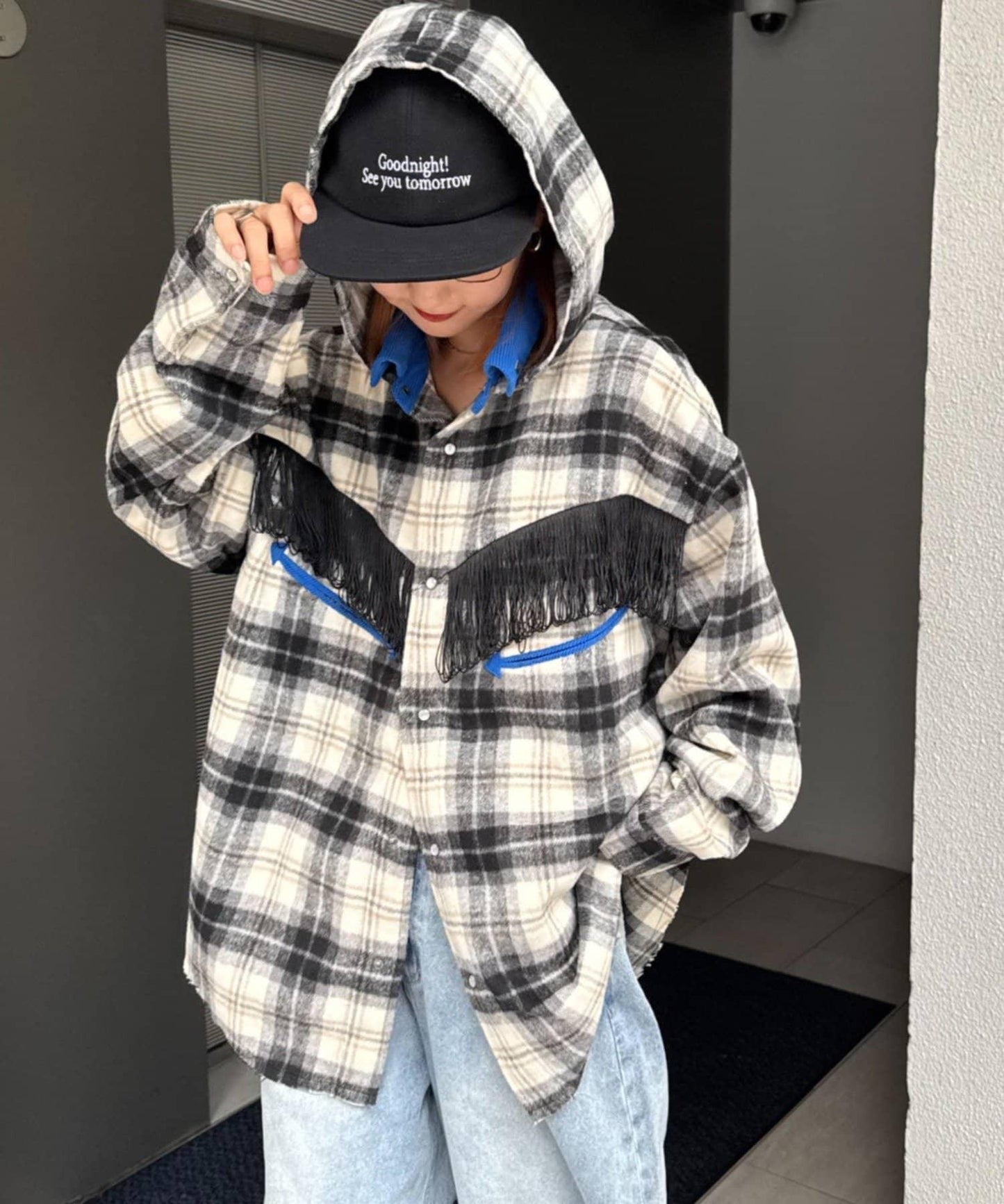 【SOUNDS GOOOOD】法蘭絨格紋刺繡流蘇連帽西部風襯衫