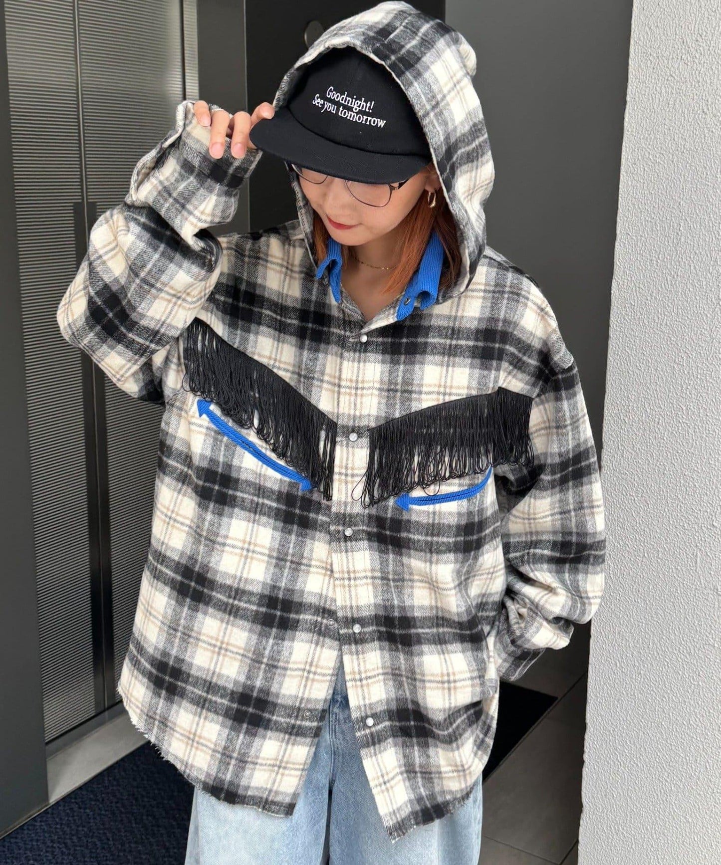 【SOUNDS GOOOOD】法蘭絨格紋刺繡流蘇連帽西部風襯衫