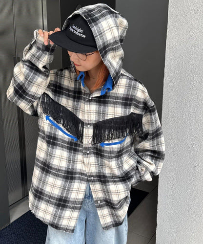 【SOUNDS GOOOOD】法蘭絨格紋刺繡流蘇連帽西部風襯衫