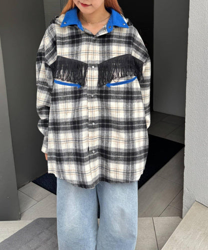 【SOUNDS GOOOOD】法蘭絨格紋刺繡流蘇連帽西部風襯衫
