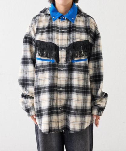 【SOUNDS GOOOOD】法蘭絨格紋刺繡流蘇連帽西部風襯衫