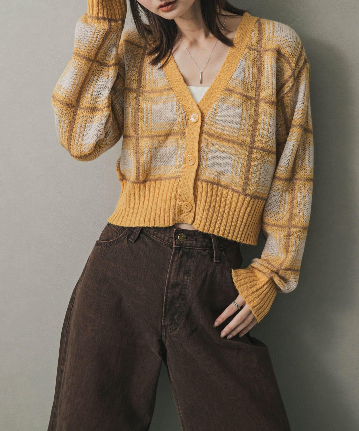 馬海毛格紋短款開衫