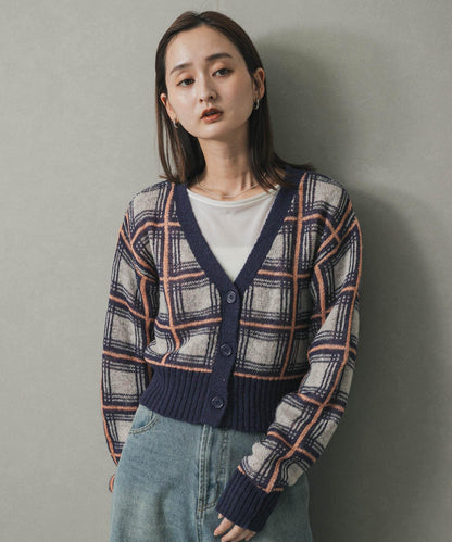 馬海毛格紋短款開衫