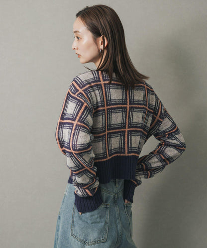 馬海毛格紋短款開衫