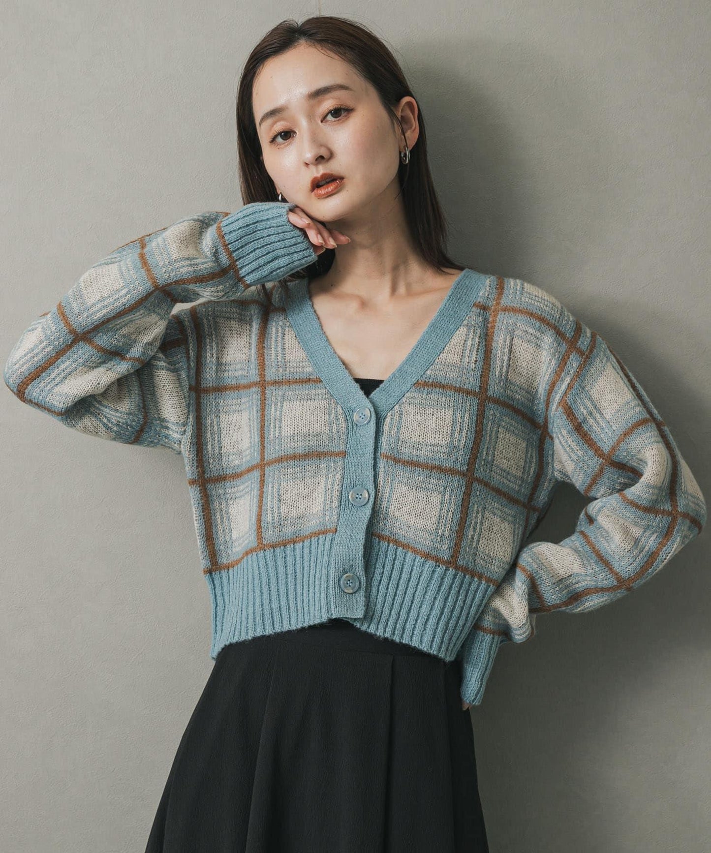 馬海毛格紋短款開衫