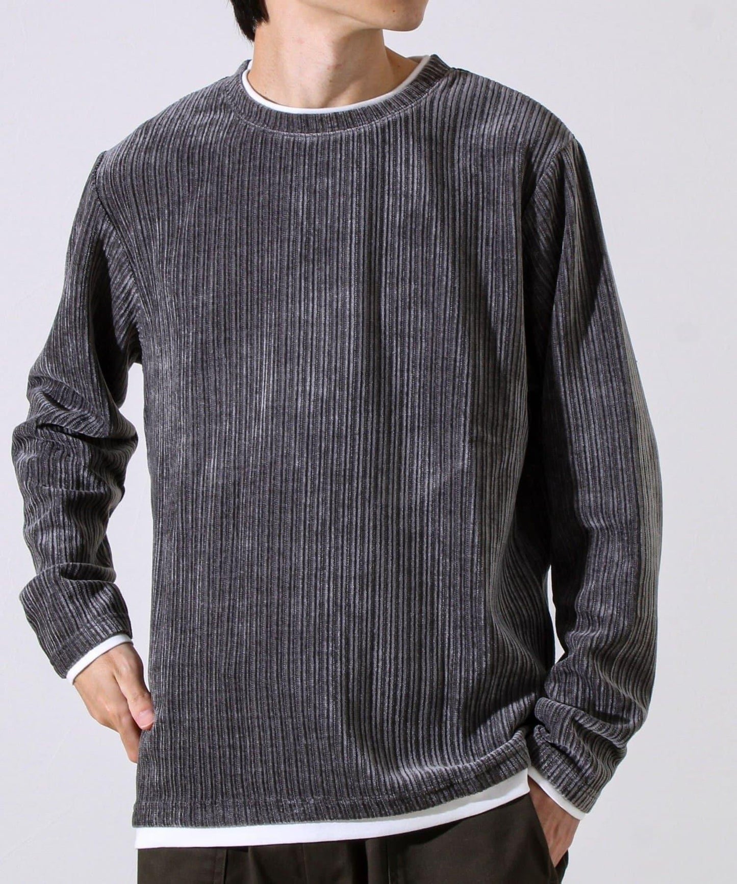 【疊穿感即刻時尚】燈芯絨假兩件長袖T恤