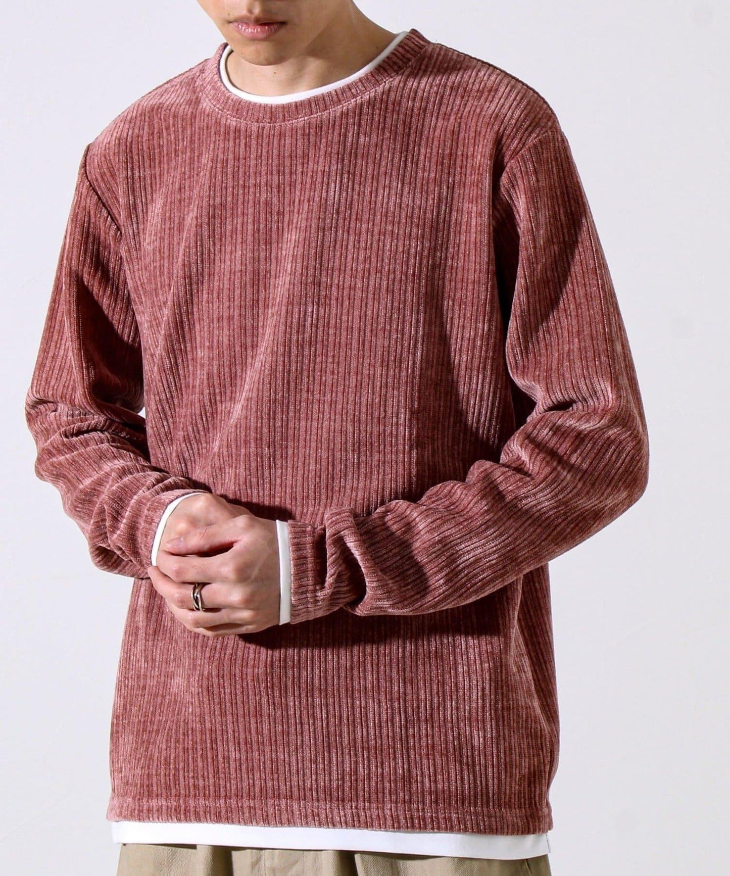 【疊穿感即刻時尚】燈芯絨假兩件長袖T恤