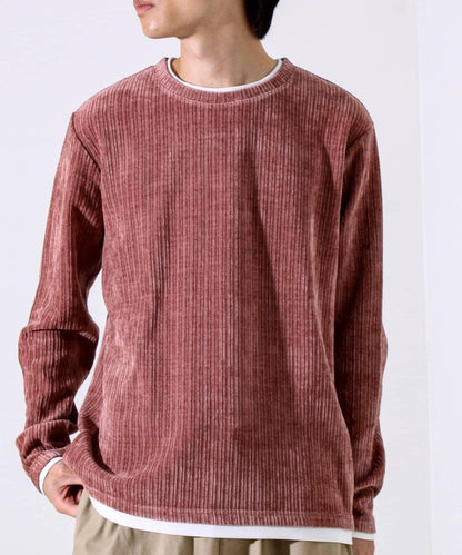 【疊穿感即刻時尚】燈芯絨假兩件長袖T恤