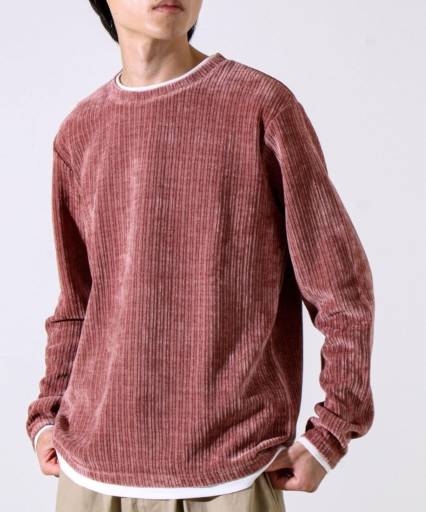 【疊穿感即刻時尚】燈芯絨假兩件長袖T恤