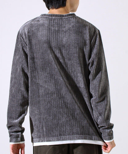 【疊穿感即刻時尚】燈芯絨假兩件長袖T恤