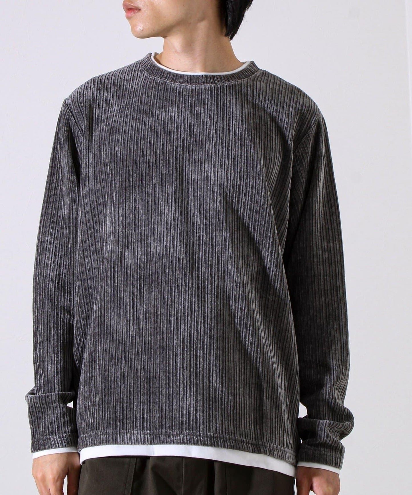 【疊穿感即刻時尚】燈芯絨假兩件長袖T恤