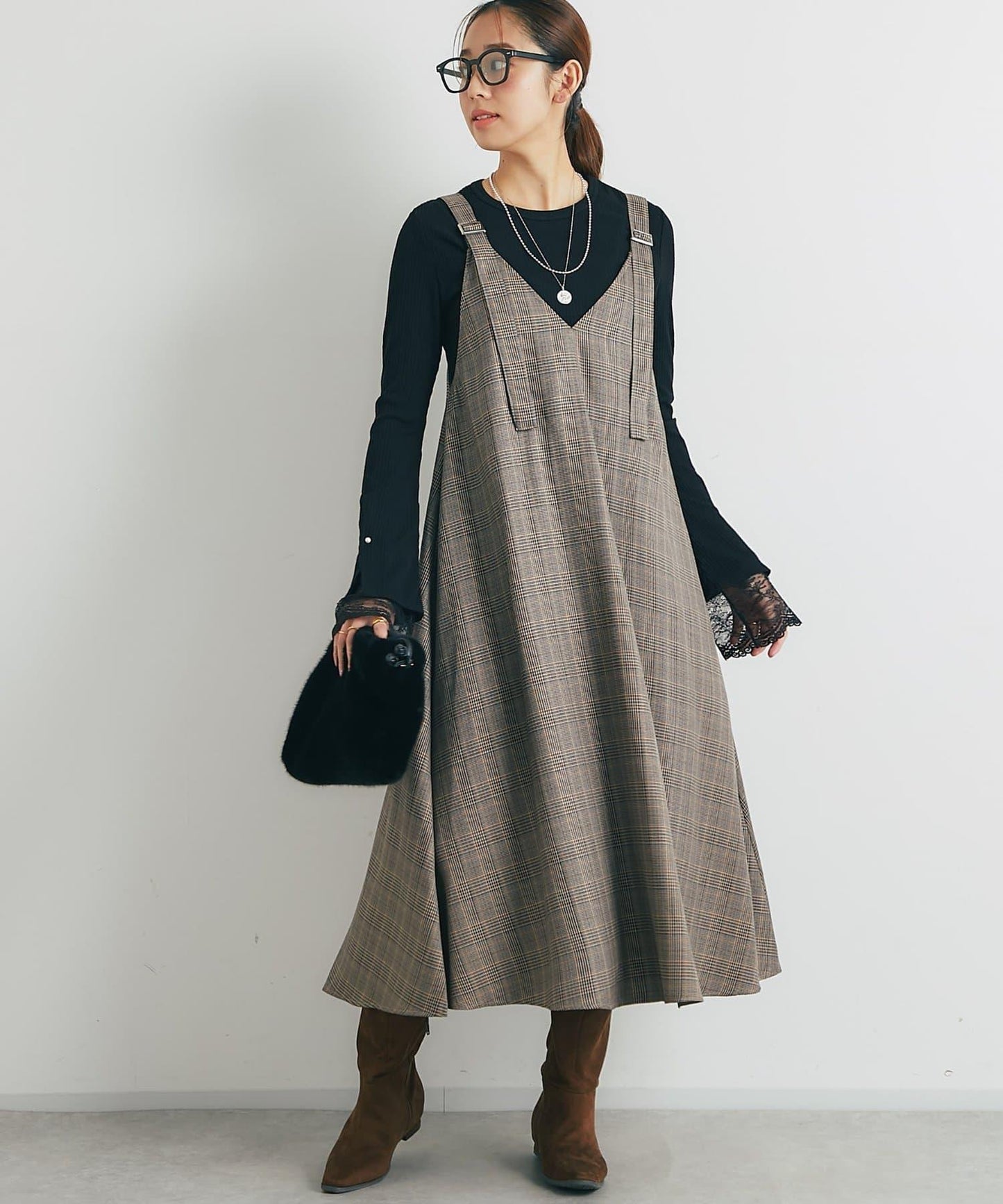 經典風格◎配色混合格紋連衣裙