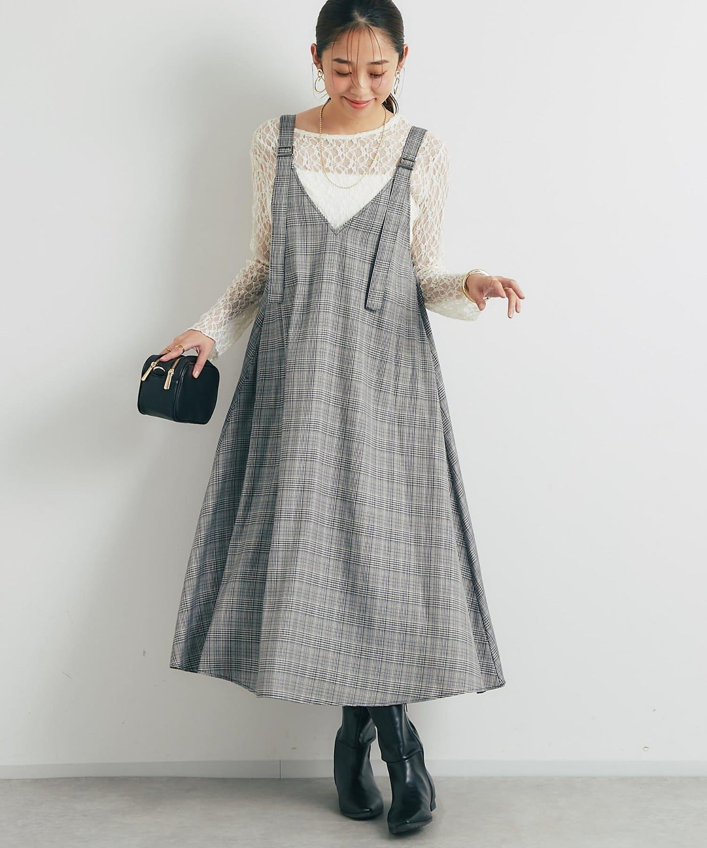 經典風格◎配色混合格紋連衣裙