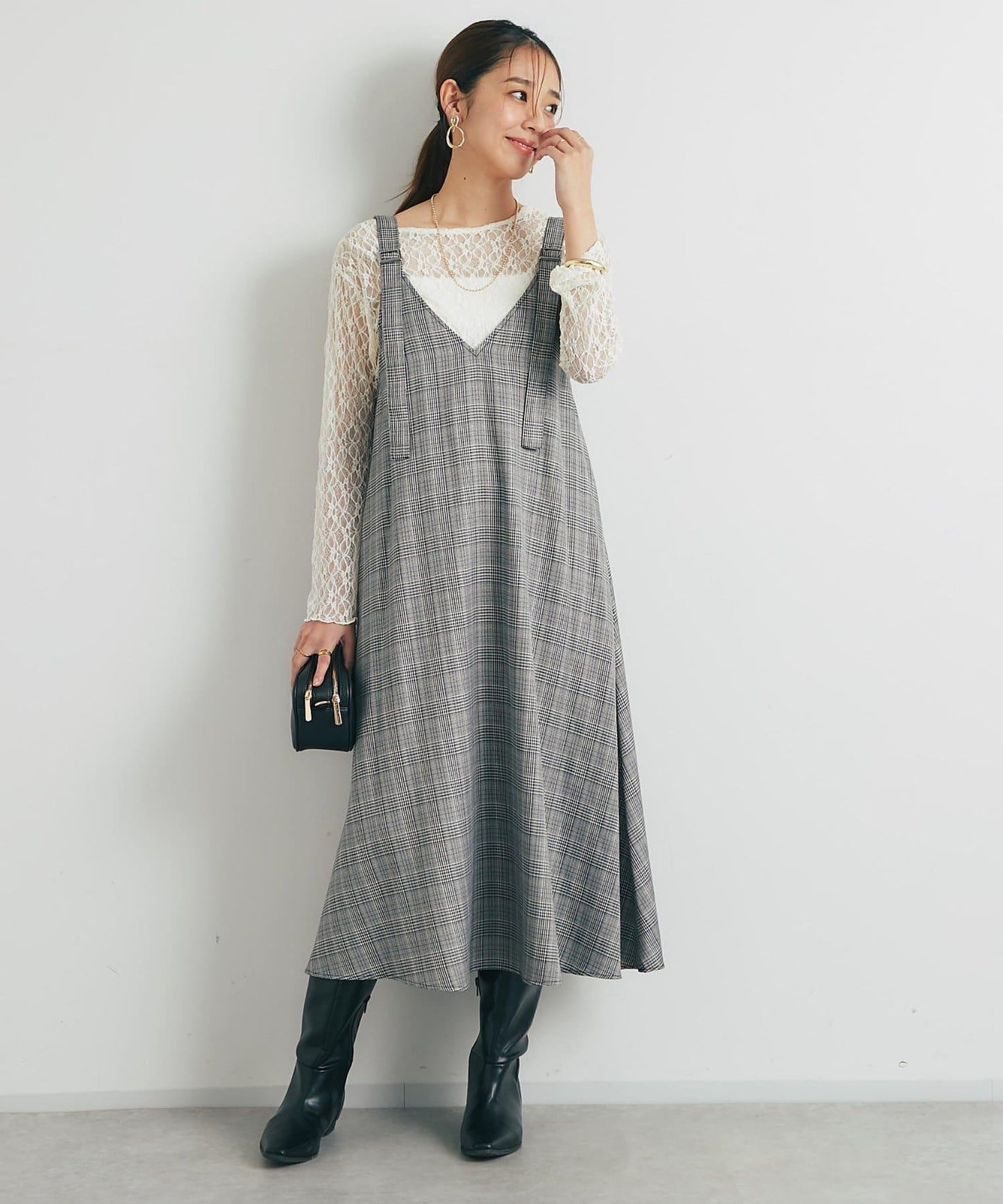 經典風格◎配色混合格紋連衣裙