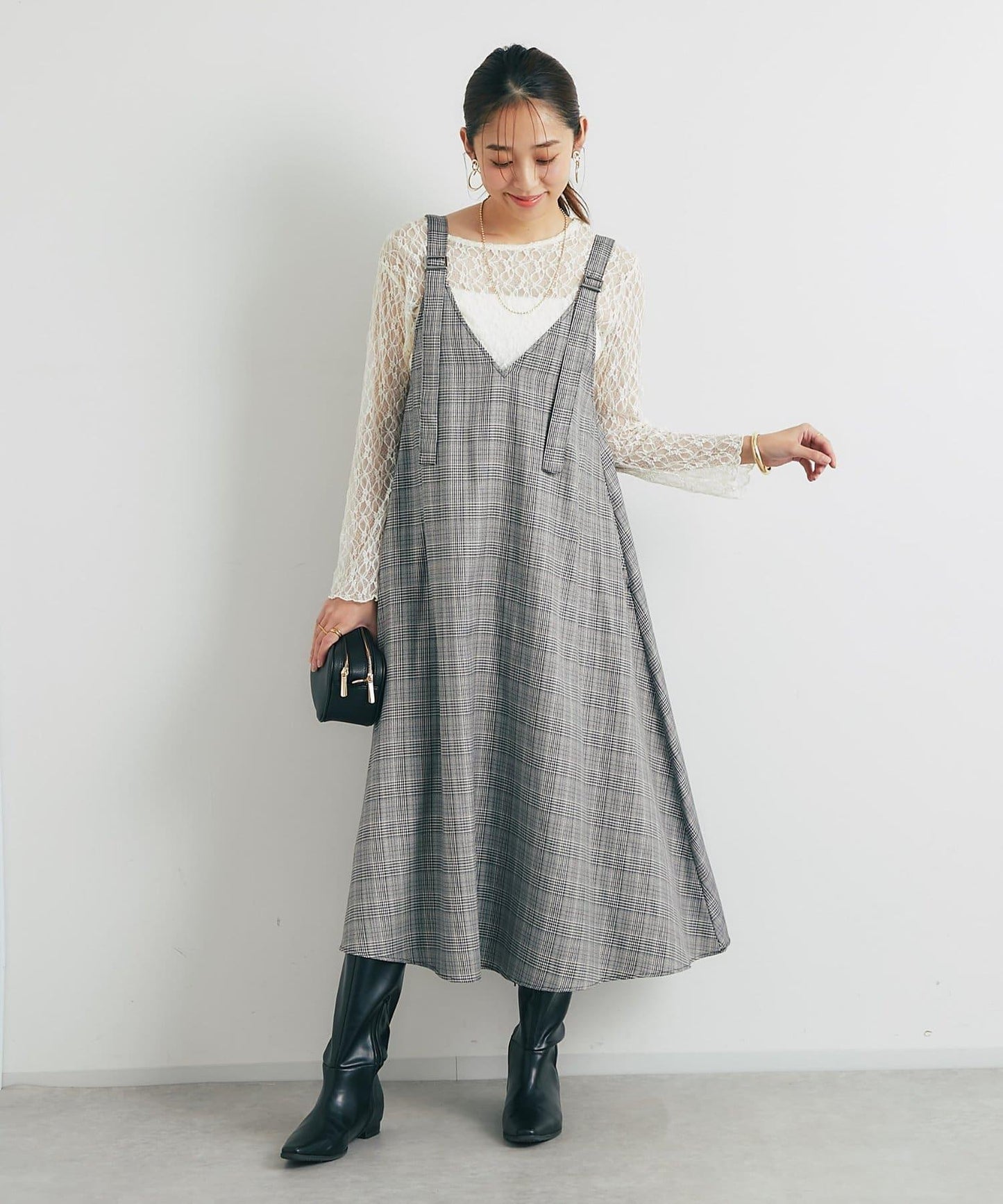 經典風格◎配色混合格紋連衣裙
