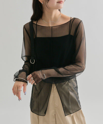 透視開衩網紗上衣