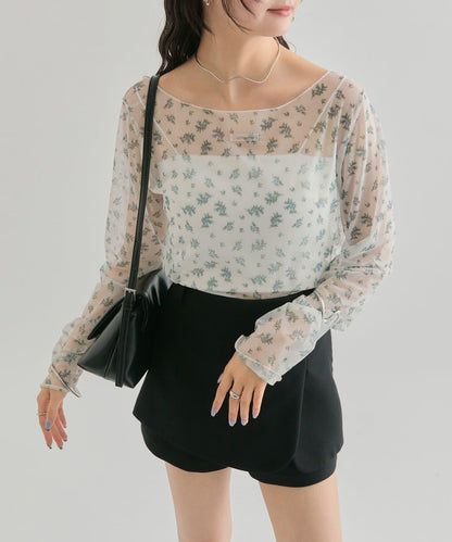 透視開衩網紗上衣