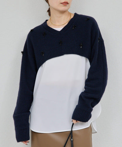 【25週年紀念款】寶石裝飾短款V領針織衫