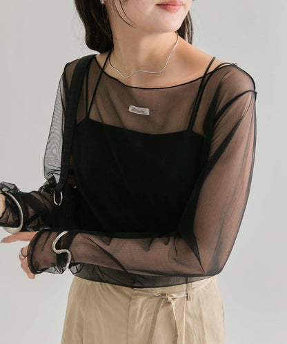 透視開衩網紗上衣