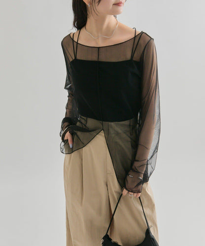 透視開衩網紗上衣
