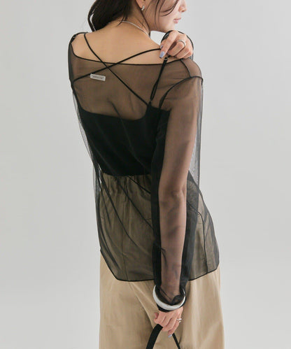 透視開衩網紗上衣