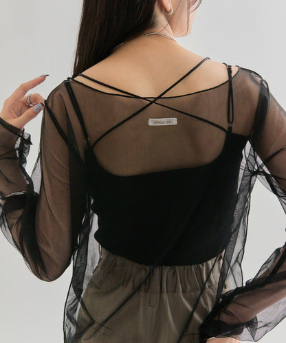 透視開衩網紗上衣